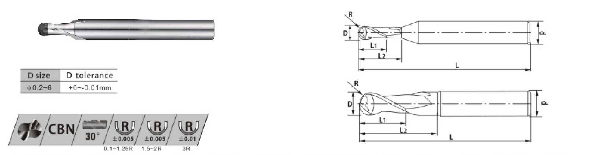 CBN 2 flutes ball nose end mill